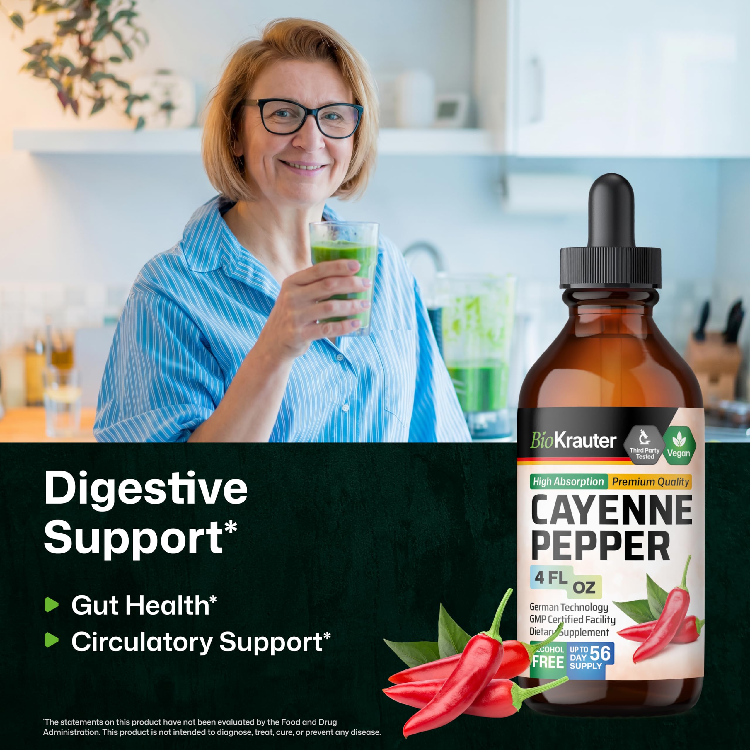 BIO KRAUTER cayenne liquid extract bottle showing vegan and alcohol free labels.