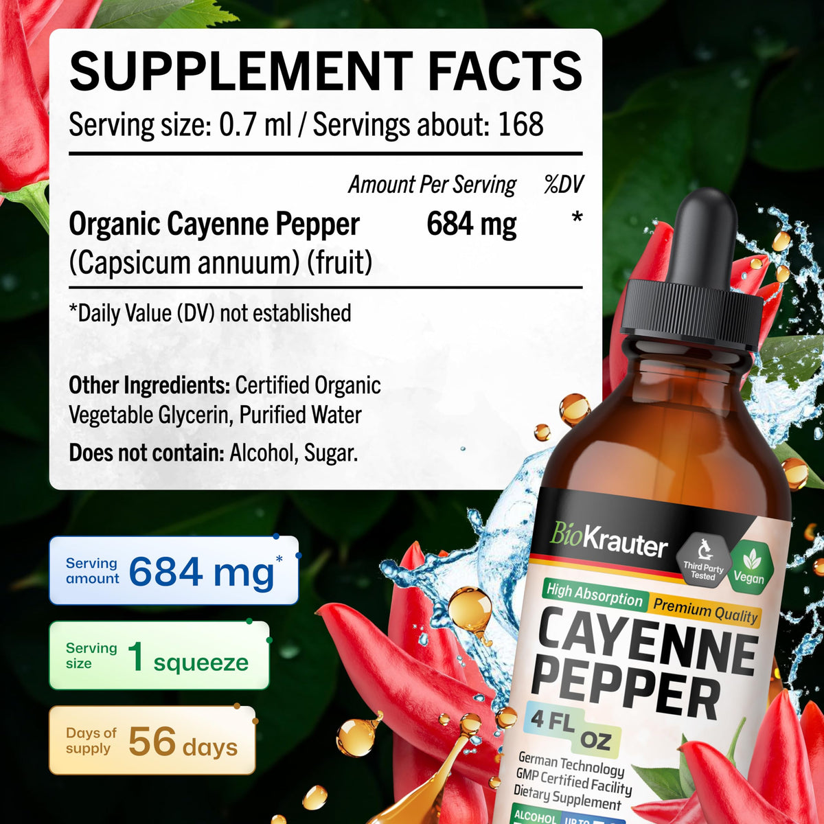 Supplement facts and clean ingredients label on the cayenne pepper tincture bottle.