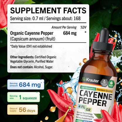 Supplement facts and clean ingredients label on the cayenne pepper tincture bottle.