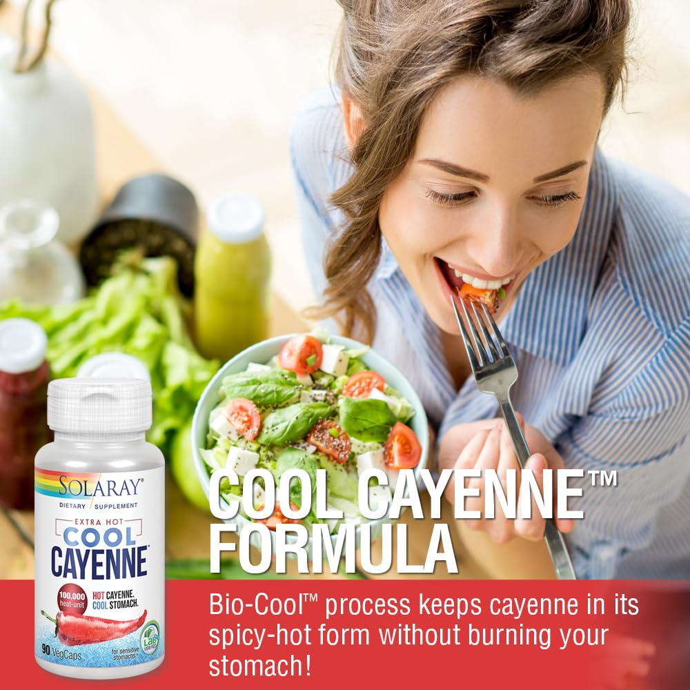 Solaray cayenne pepper capsules showing non-GMO and lab verified seals