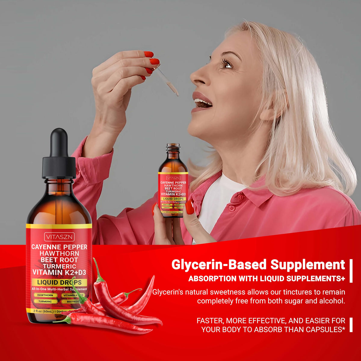 Two fluid ounces bottle of VITASZN dietary drops focusing on the vitamin D3 and K2 blend formulation.