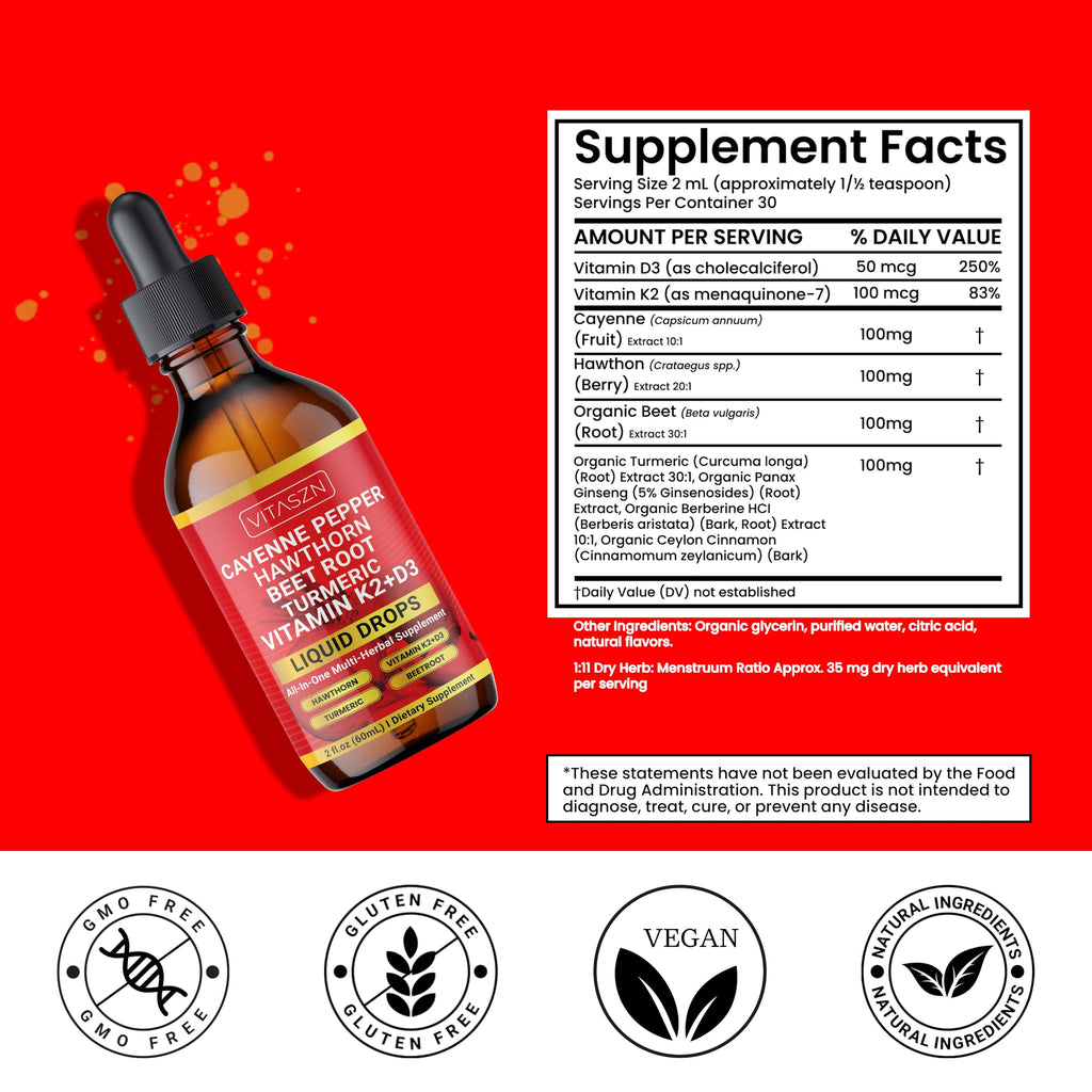 Authentic USA imported VITASZN herbal liquid supplement showing the natural beet root and cinnamon infusion.