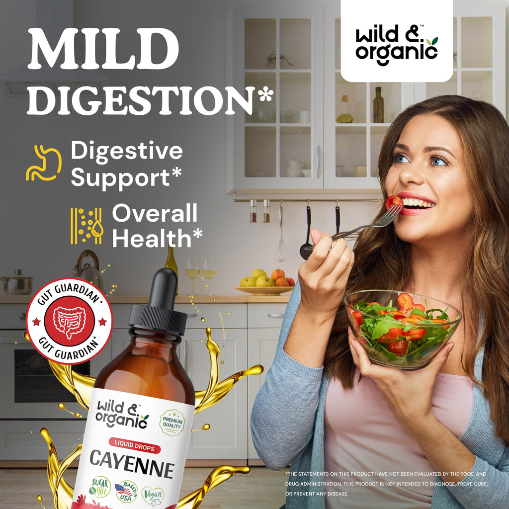 Wild and Organic Cayenne Pepper liquid drops packaging showing supplement facts and 684 mg extract serving size