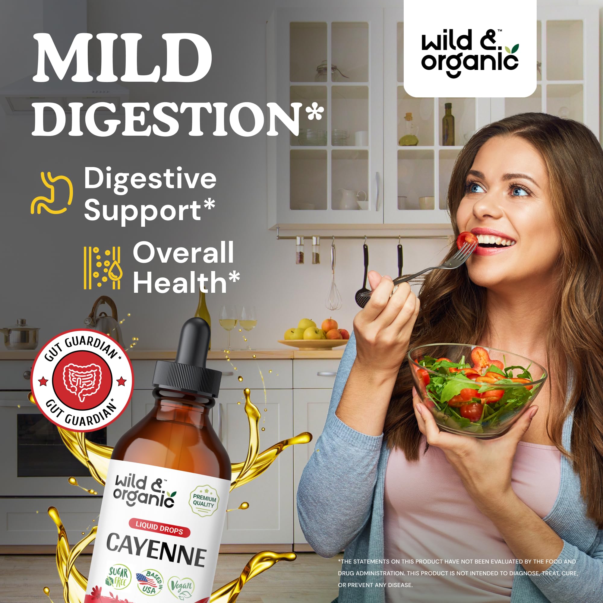 Wild and Organic Cayenne Pepper liquid drops packaging showing supplement facts and 684 mg extract serving size