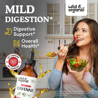 Wild and Organic Cayenne Pepper liquid drops packaging showing supplement facts and 684 mg extract serving size