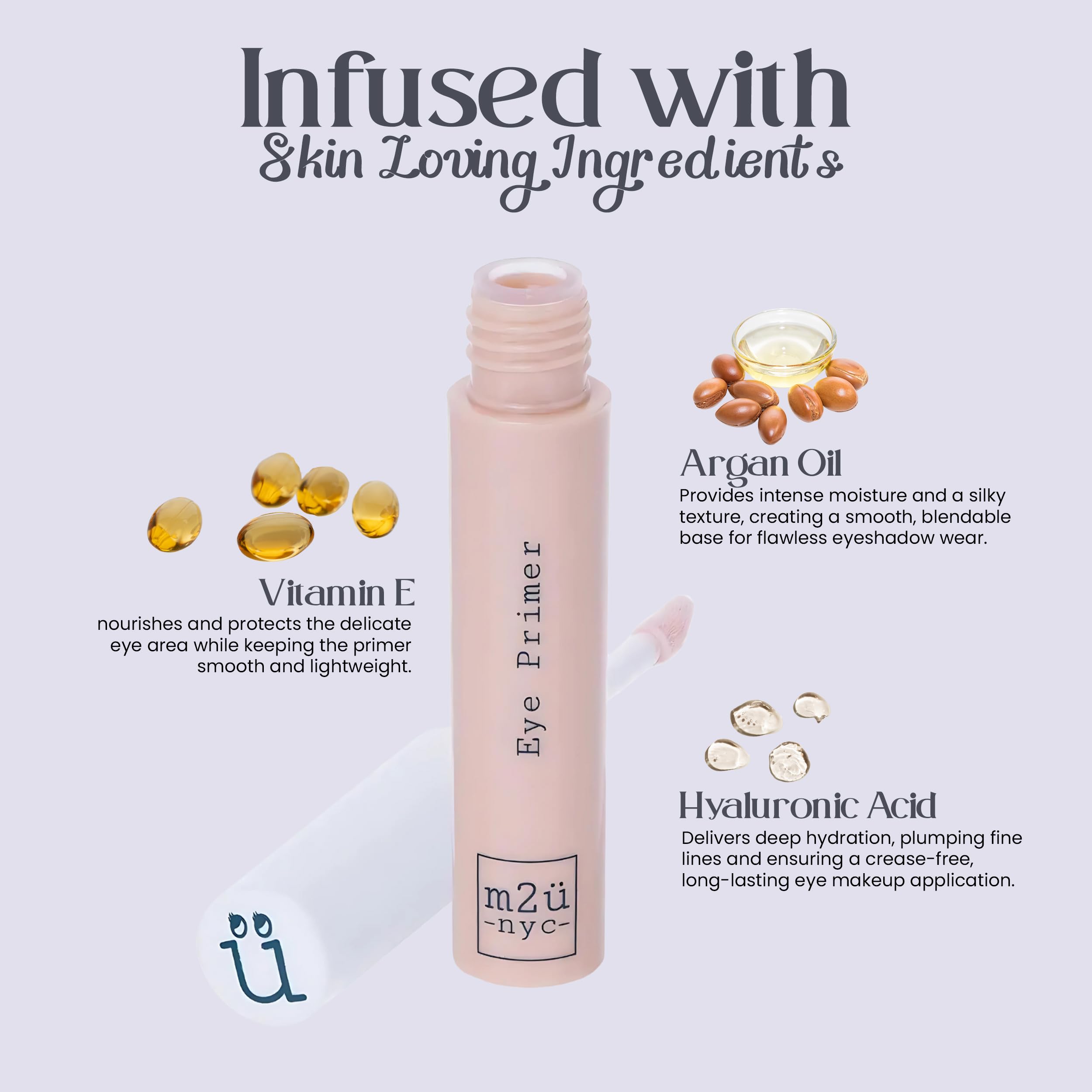 Smudge proof eyelid primer tube with hyaluronic acid ingredient callout packaging