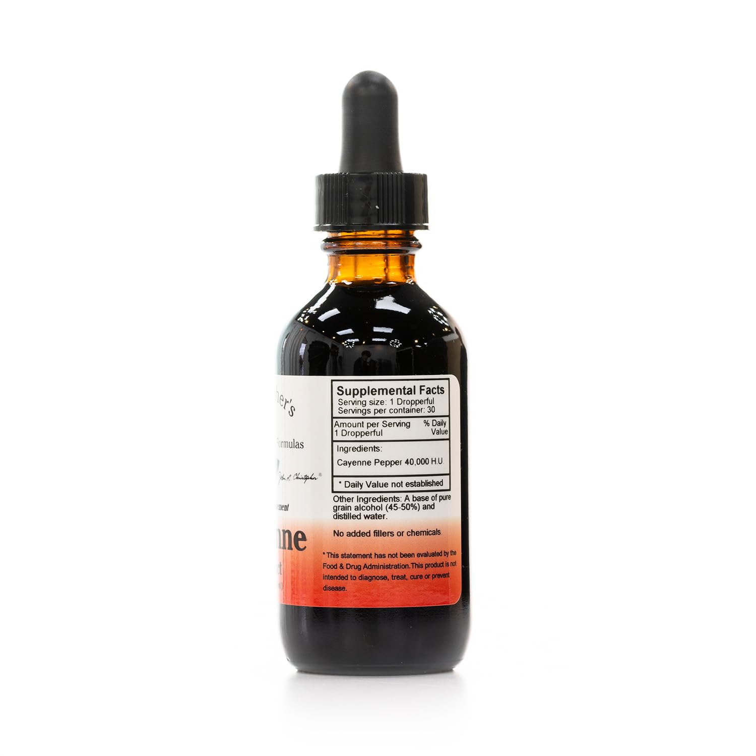 Christophers Original Formulas liquid cayenne pepper dietary supplement showing dropper applicator details