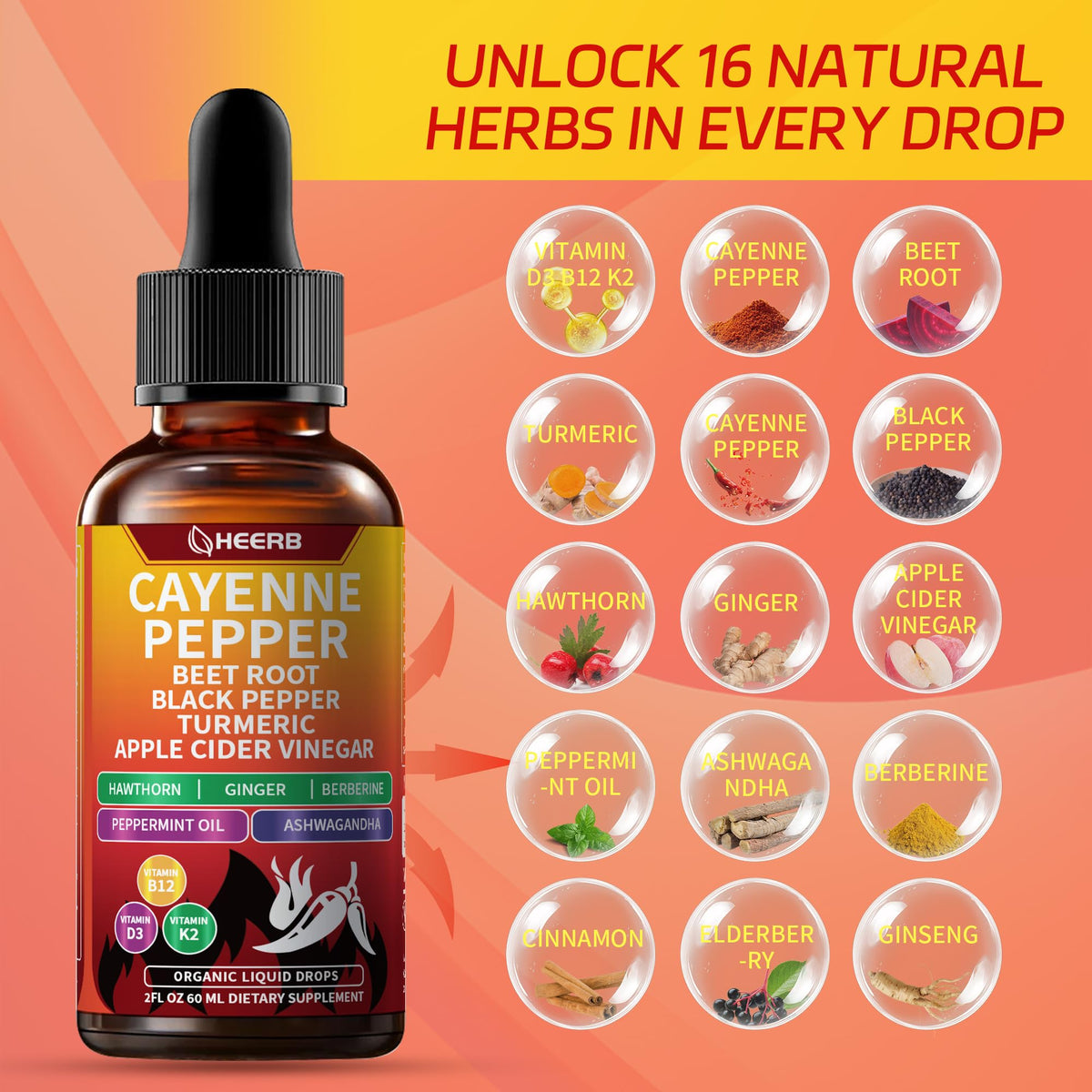 Vegan cayenne pepper liquid supplement drops bottle on a clean display background.