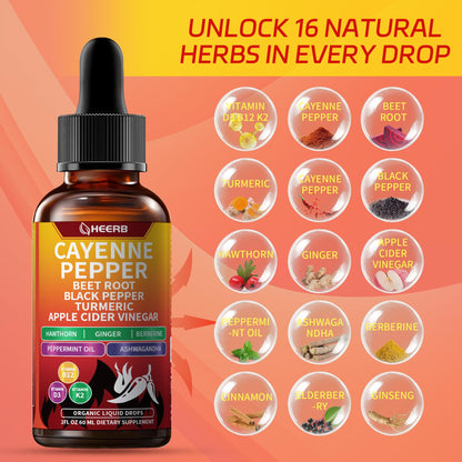 Vegan cayenne pepper liquid supplement drops bottle on a clean display background.
