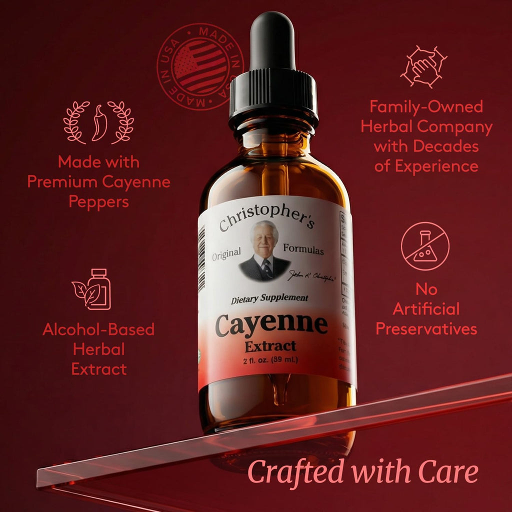 Premium cayenne fruit liquid extract formula highlighting the clean ingredient list and purity seal