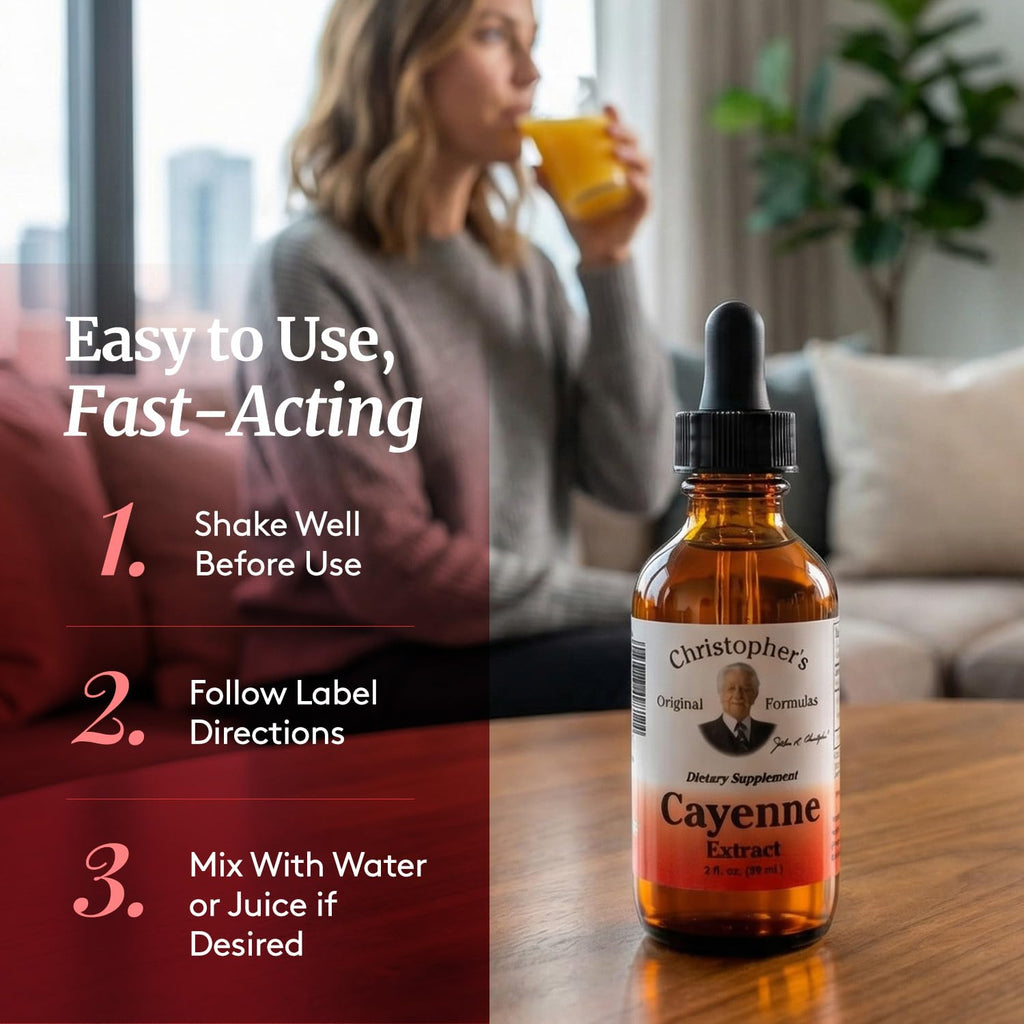 Dr Christophers Original liquid cayenne dropper bottle showcasing packaging size and volume metrics