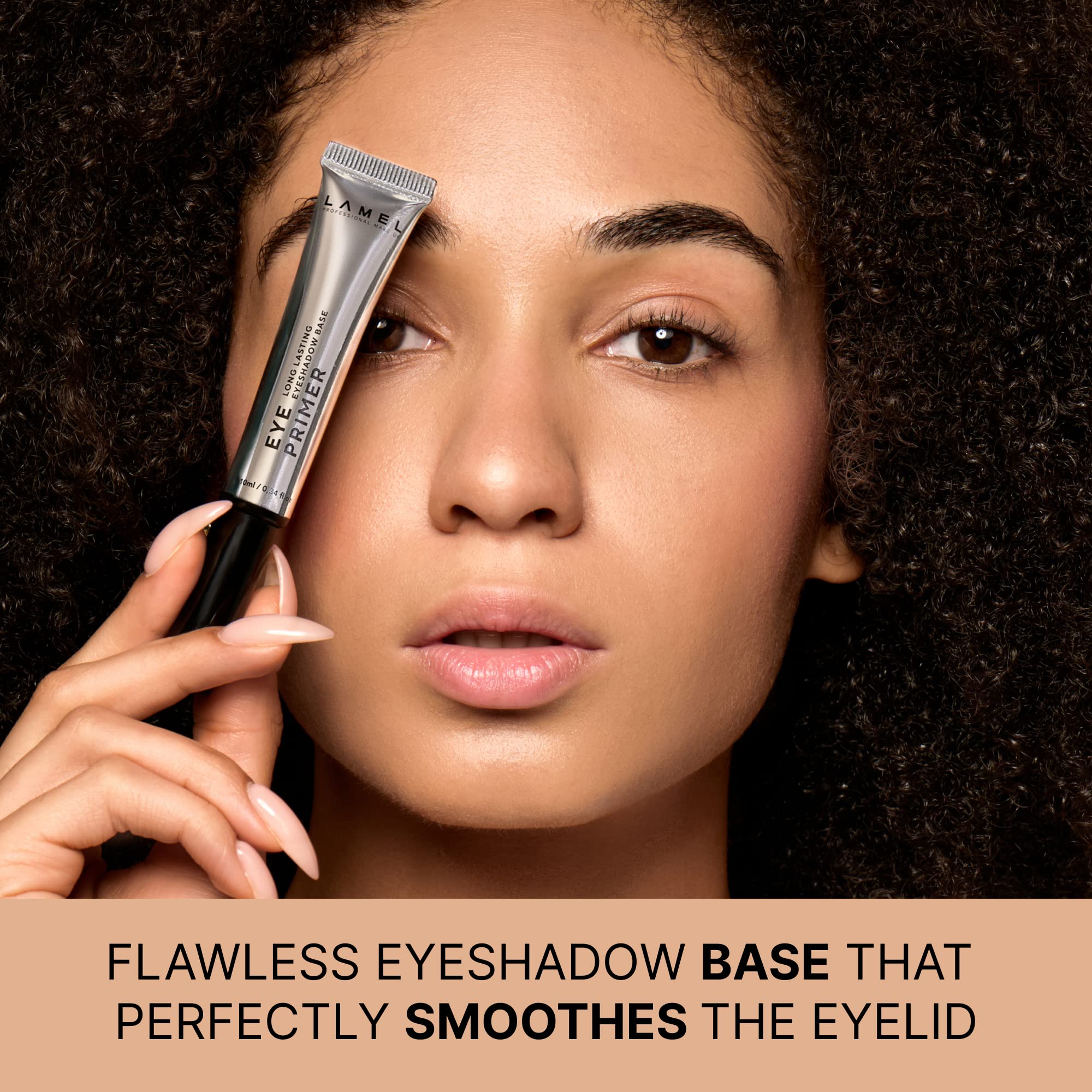 Lamel waterproof liquid eye primer being applied to an eyelid as a smooth makeup base.
