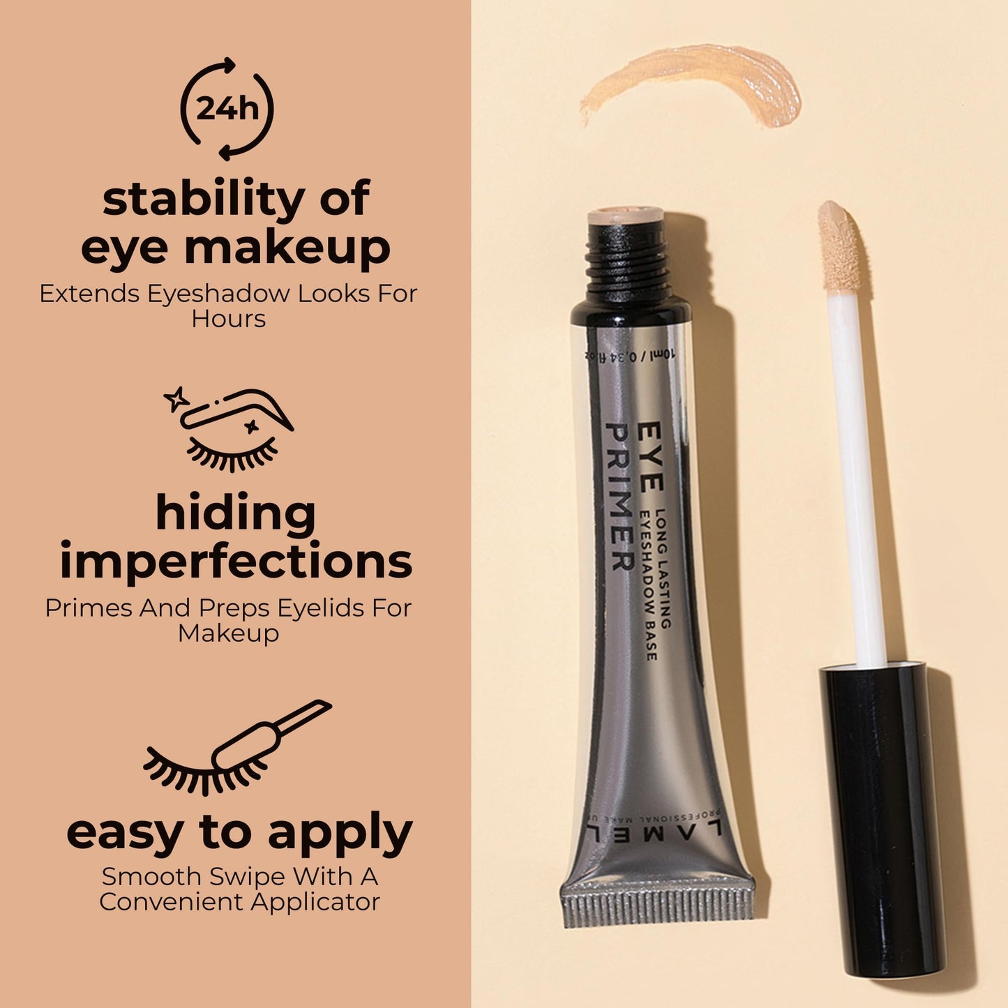 Lamel universal clear eyeshadow primer tube alongside vibrant eyeshadow swatches showing long wear.