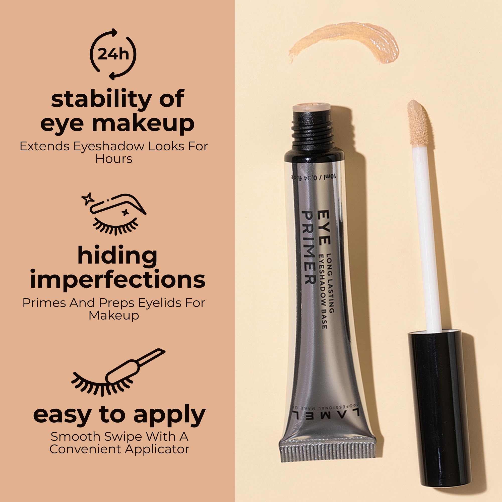 Lamel universal clear eyeshadow primer tube alongside vibrant eyeshadow swatches showing long wear.