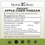 Herbal Roots 650 milligrams apple cider vinegar with mother and cayenne supplement facts label