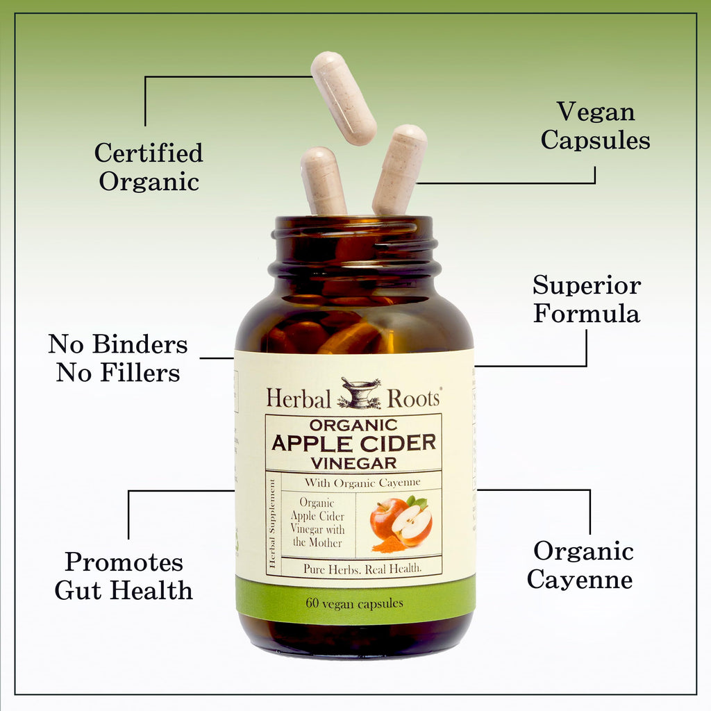 Herbal Roots apple cider vinegar capsules packaging showing mortar and pestle logo