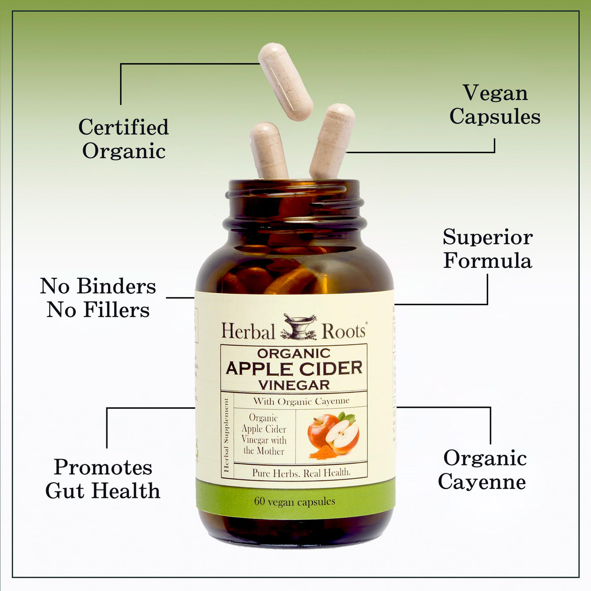 Herbal Roots apple cider vinegar capsules packaging showing mortar and pestle logo