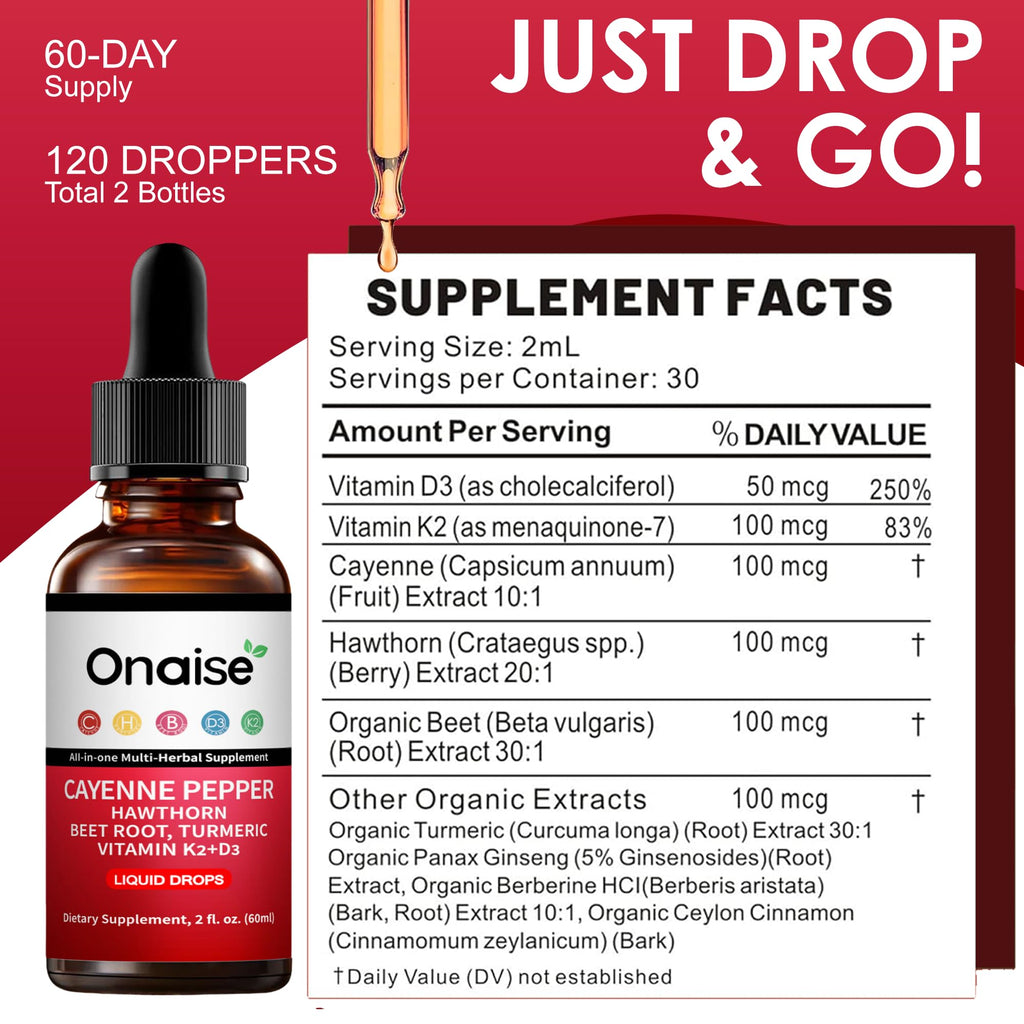 Close up of ONAISE liquid supplement dropper and bottle label.