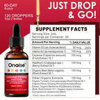 Close up of ONAISE liquid supplement dropper and bottle label.