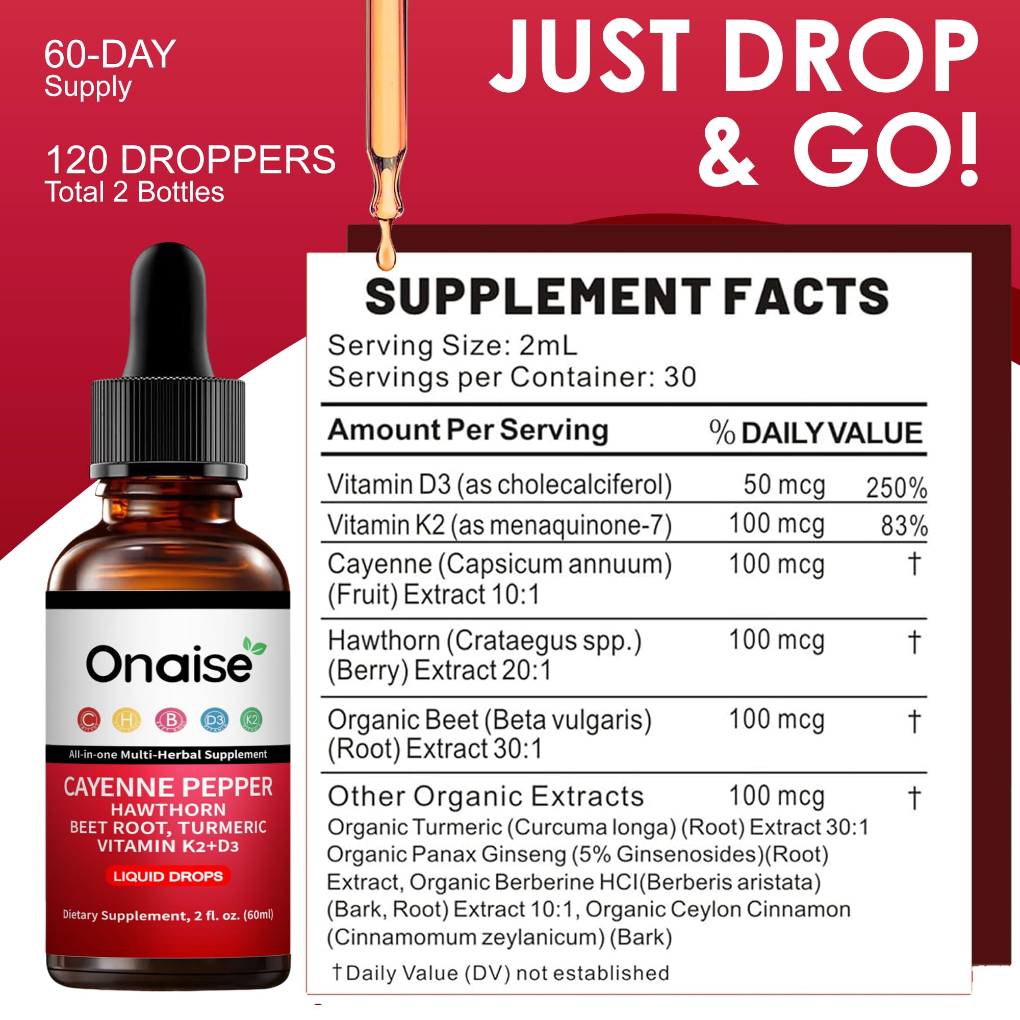 Close up of ONAISE liquid supplement dropper and bottle label.
