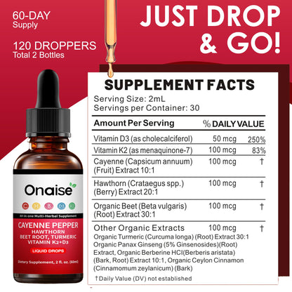 Close up of ONAISE liquid supplement dropper and bottle label.