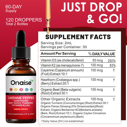 Close up of ONAISE liquid supplement dropper and bottle label.