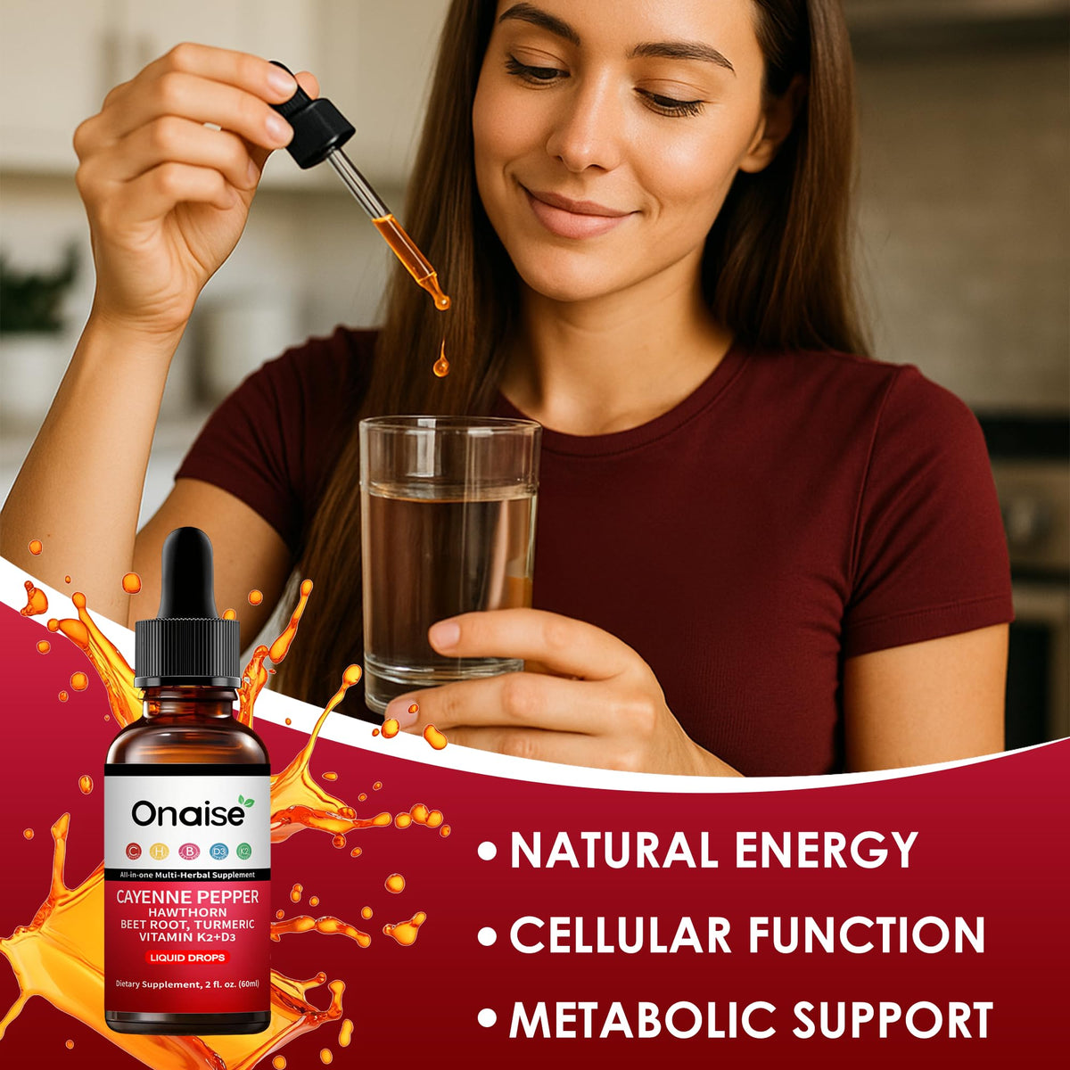 Onaise liquid botanical supplement bottle with dropper.