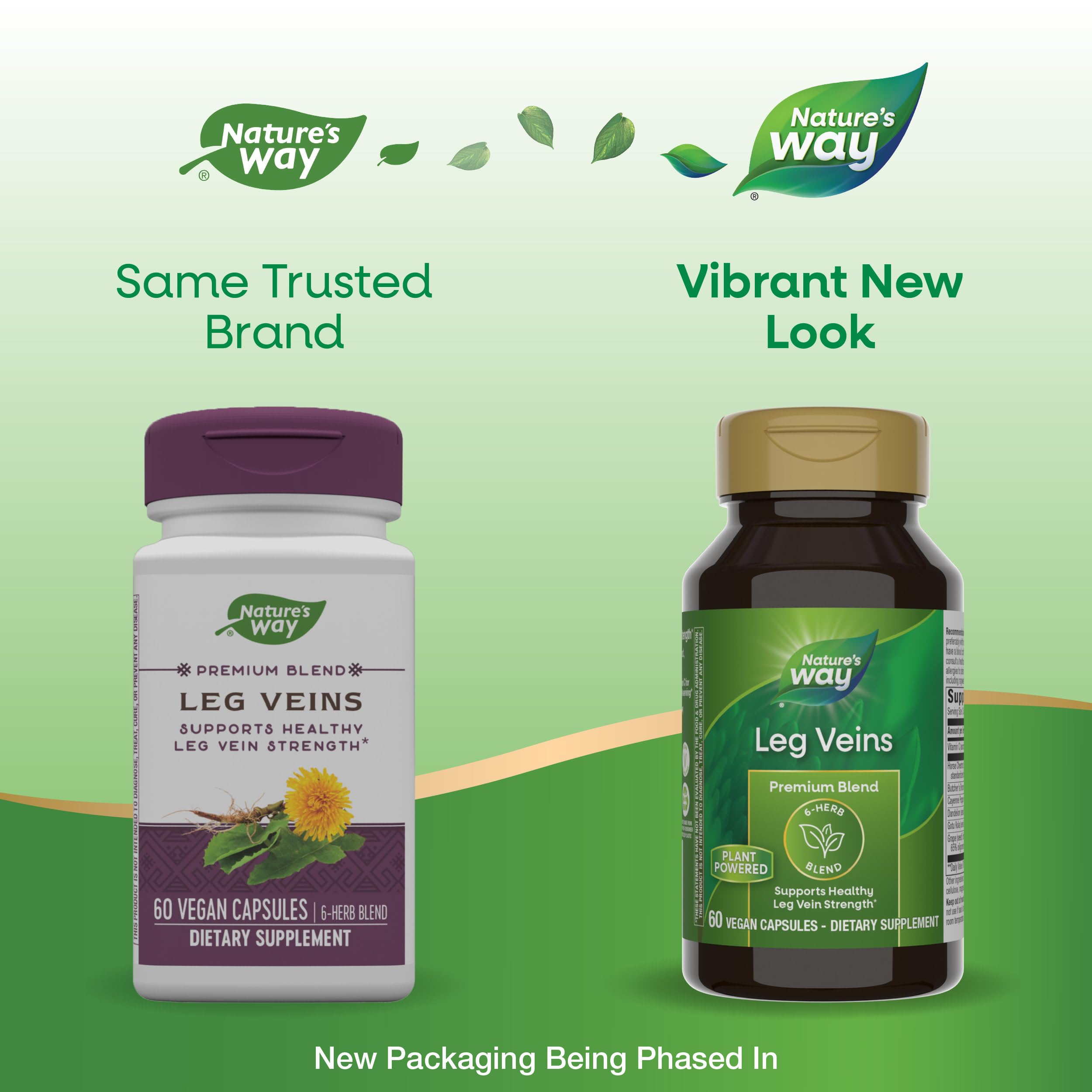 Nature's Way Leg Veins supplement bottle showing complete supplement facts and horse chestnut ingredient details.