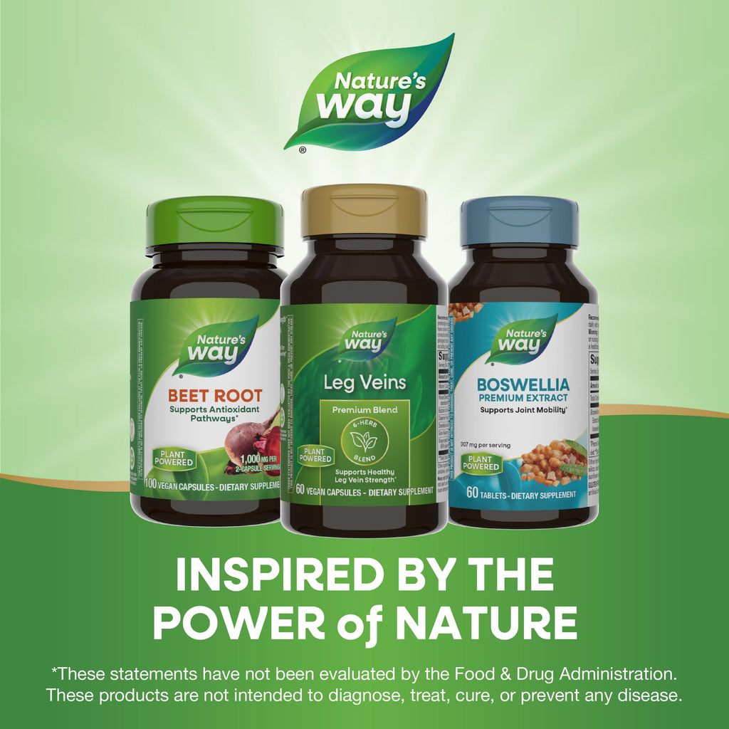 Nature's Way Leg Veins dietary supplement showcasing the standardized aescin content from horse chestnut seed extract.