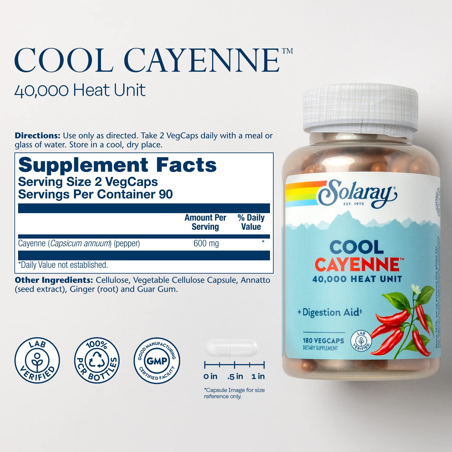 Solaray Cool Cayenne 180 vegetarian capsules supplement facts label