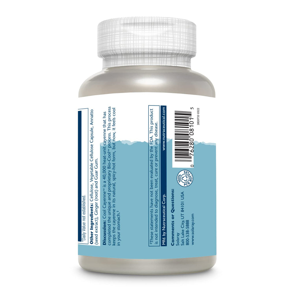 Solaray Cool Cayenne product contents and vegetarian capsule size comparison