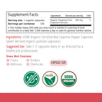 100% USDA Organic Cayenne Pepper 500mg supplement label showing 45,000 Scoville Heat Units.