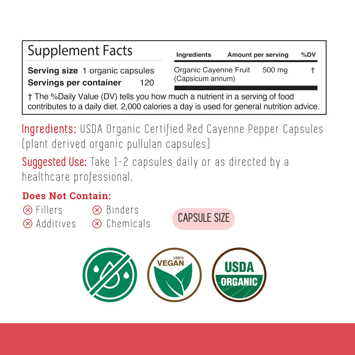 100% USDA Organic Cayenne Pepper 500mg supplement label showing 45,000 Scoville Heat Units.