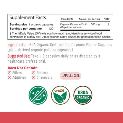 100% USDA Organic Cayenne Pepper 500mg supplement label showing 45,000 Scoville Heat Units.
