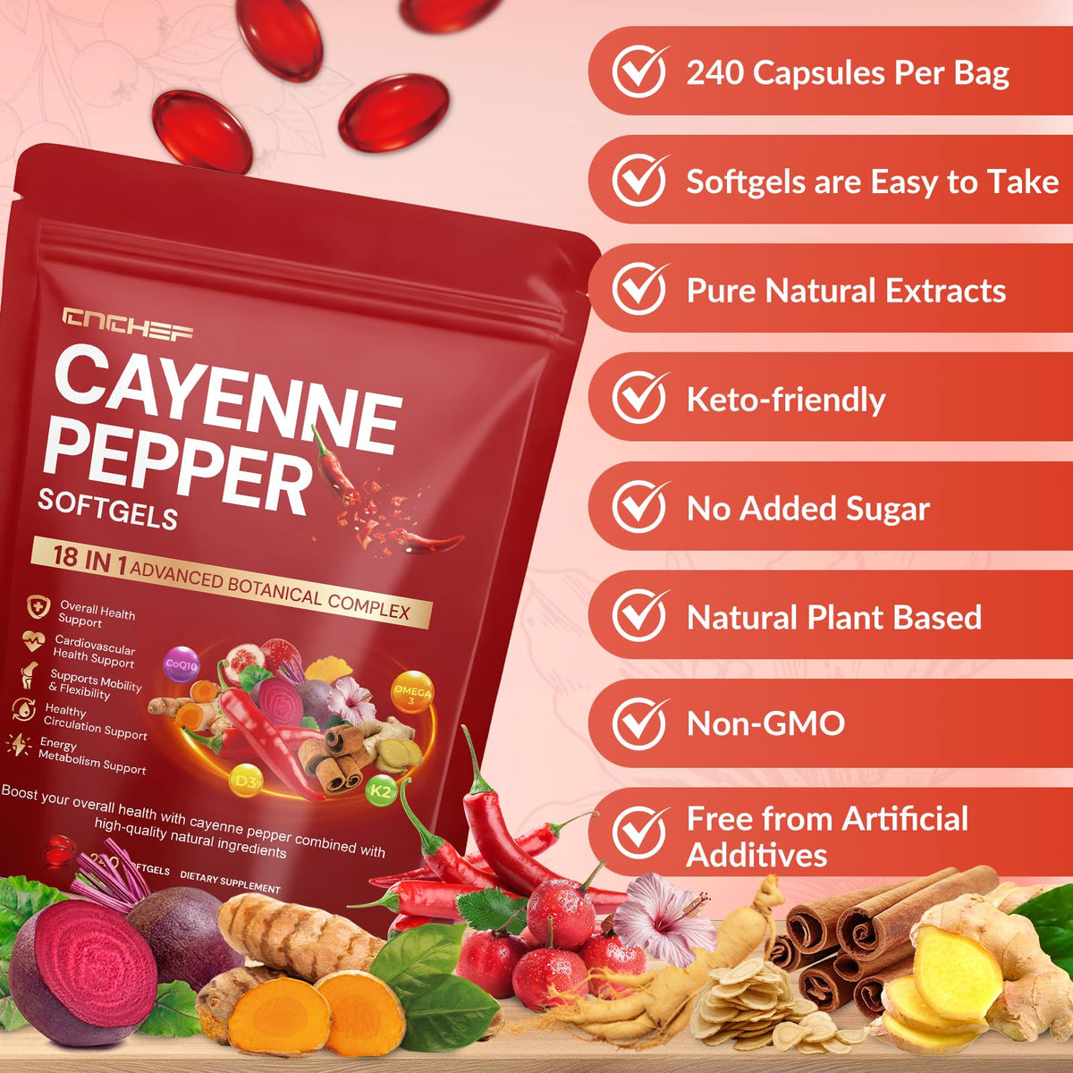 Premium easy to swallow cayenne pepper softgels for digestive support
