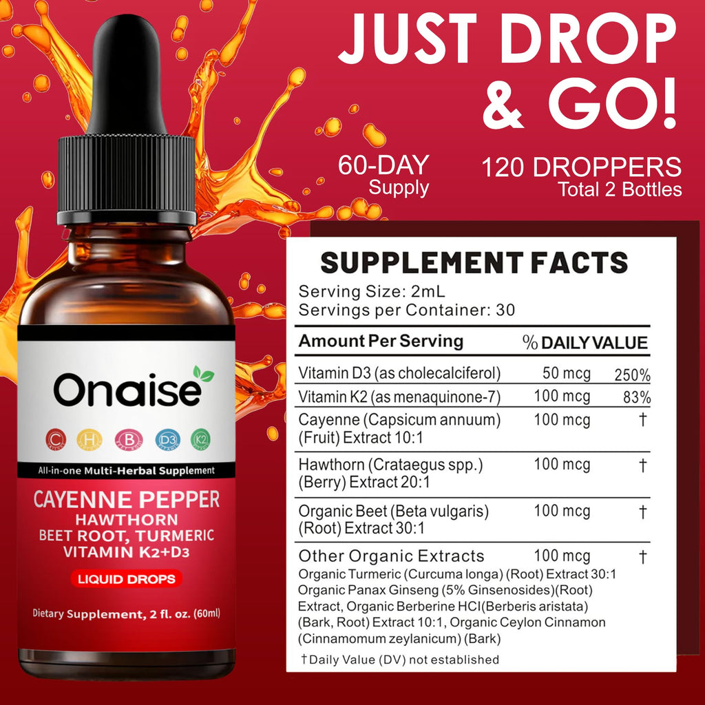 ONAISE Cayenne Pepper drops supplement showing organic hawthorn and beet root ingredients