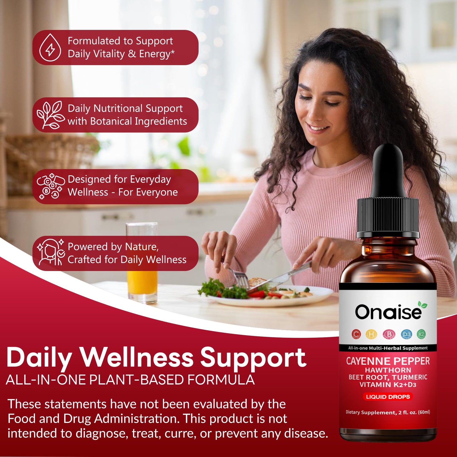 ONAISE multi herbal wellness liquid supplement bottle next to organic ingredients