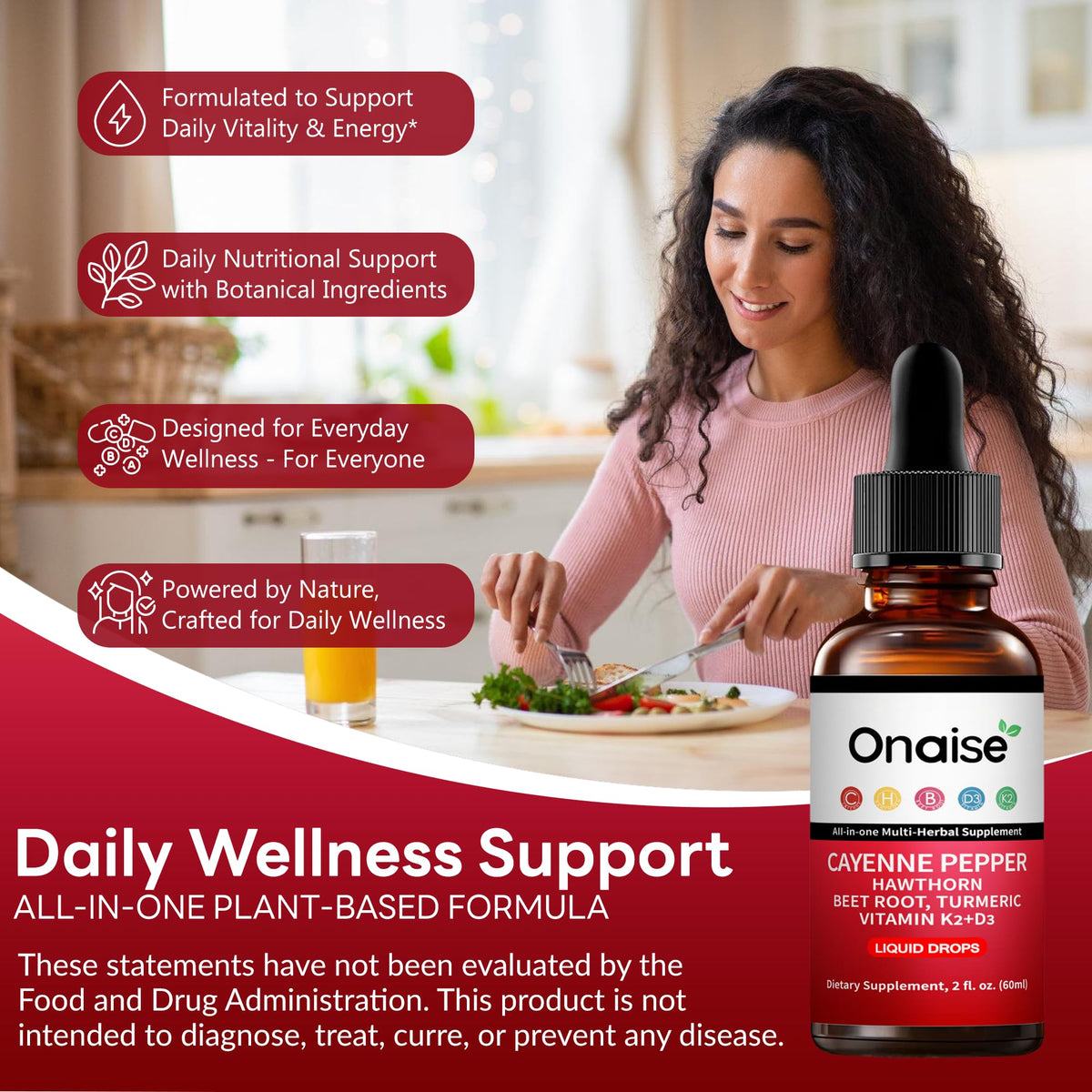 ONAISE multi herbal wellness liquid supplement bottle next to organic ingredients