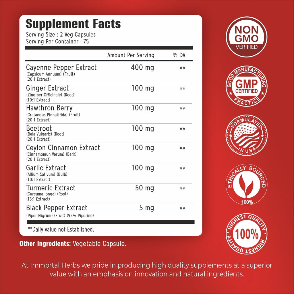 Immortal Herbs capsaicin supplement with garlic and ginger nutrition facts label