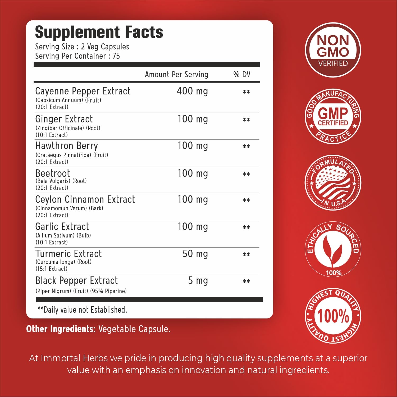 Immortal Herbs capsaicin supplement with garlic and ginger nutrition facts label