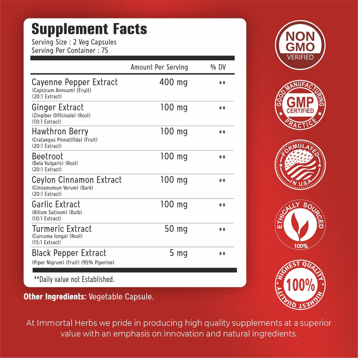 Immortal Herbs capsaicin supplement with garlic and ginger nutrition facts label
