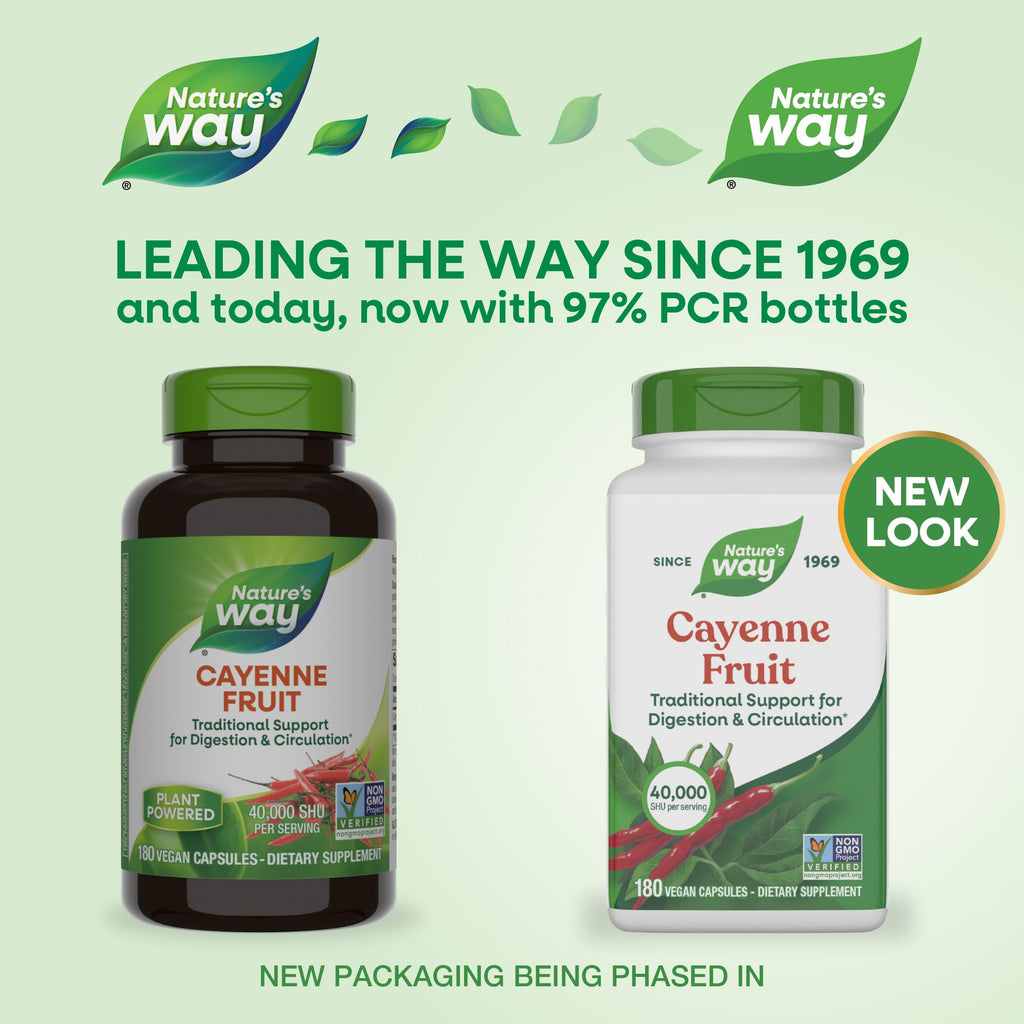 Nature's Way Cayenne Pepper 450 milligrams bottle side view highlighting the supplement facts label