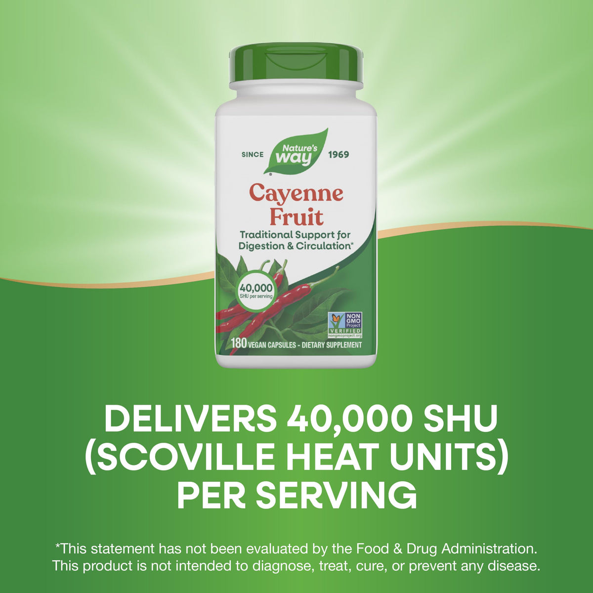 Nature's Way Cayenne Fruit capsules packaging displaying clear usage directions and product details