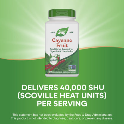 Nature's Way Cayenne Fruit capsules packaging displaying clear usage directions and product details