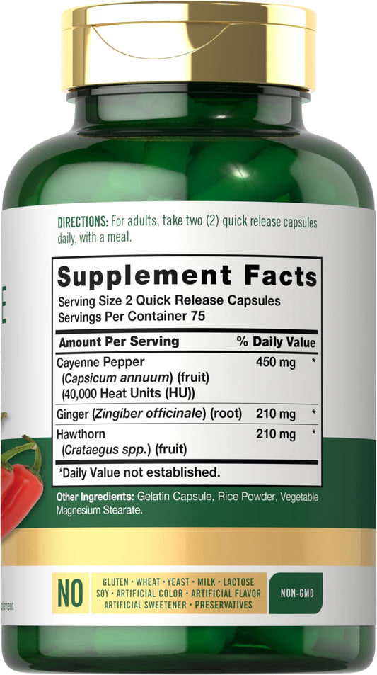 Carlyle Cayenne Pepper capsules bottle displaying supplement facts panel ingredients