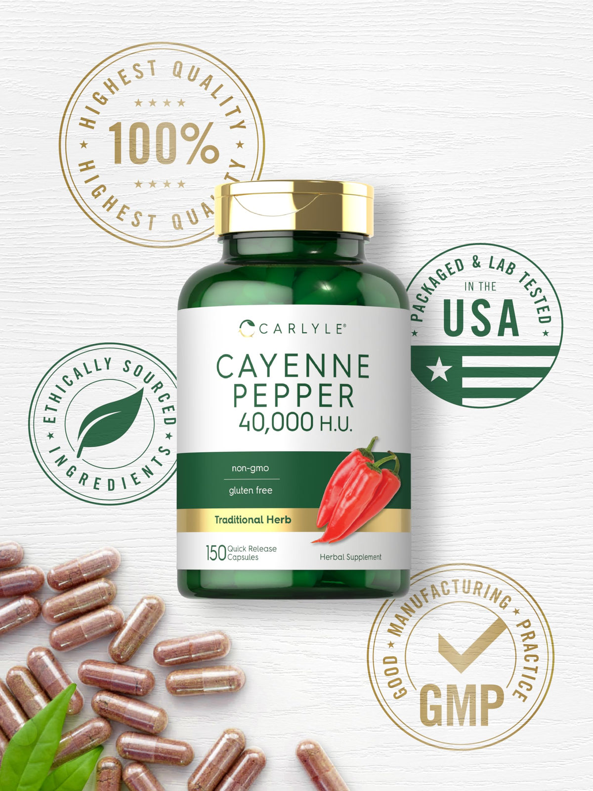 Authentic Carlyle brand cayenne metabolic support supplement bottle top angle
