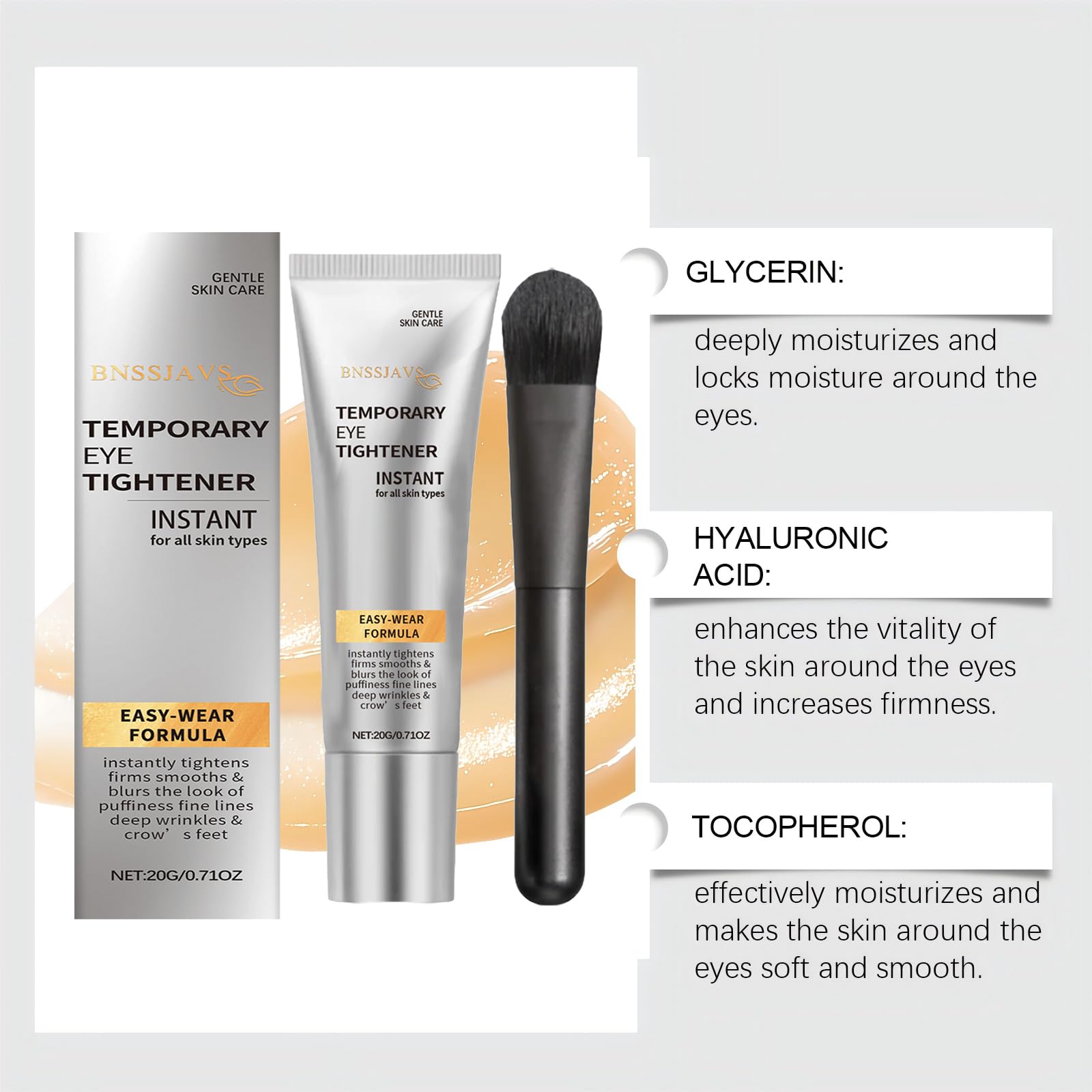 Close-up of the temporary skin-tightening primer tube packaging highlighting the easy-wear formula details.