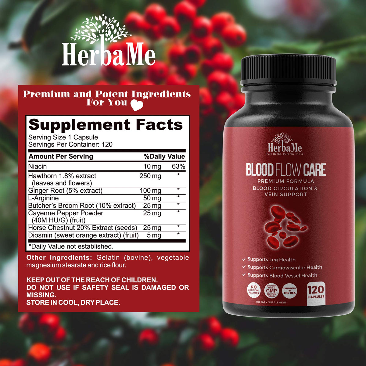 HerbaMe vascular health capsules showing premium multi ingredient botanical ingredients label