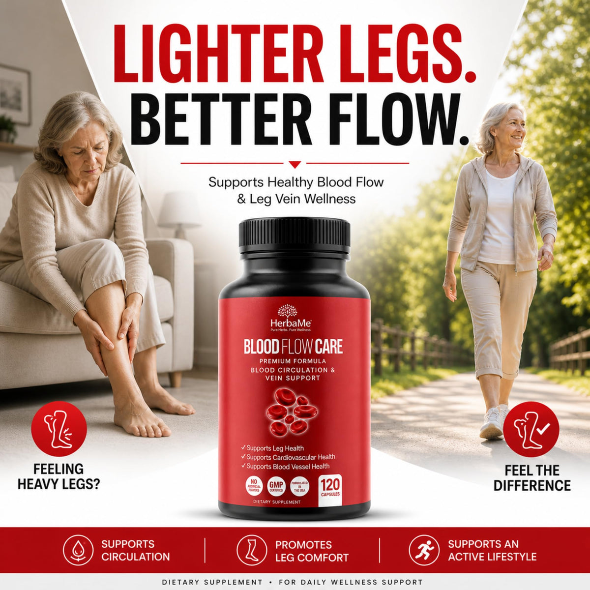 HerbaMe leg vein wellness formula bottle containing one hundred and twenty non GMO capsules