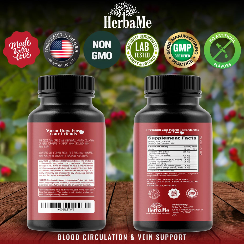 HerbaMe blood flow care supplement bottle isolated on a clean merchant background